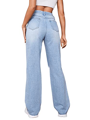 SweatyRocks Women's Ripped Straight Leg Jeans High Waist Distressed Cutout Denim Pants2
