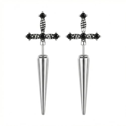 Gothic Sword Dagger Earrings for Women - 3D Front Back Ear Jackets, Vintage Punk Style Illusion Studs, Edgy Fashion Jewelry Gifts, Gold & Silver Tone Alloy (Silver)