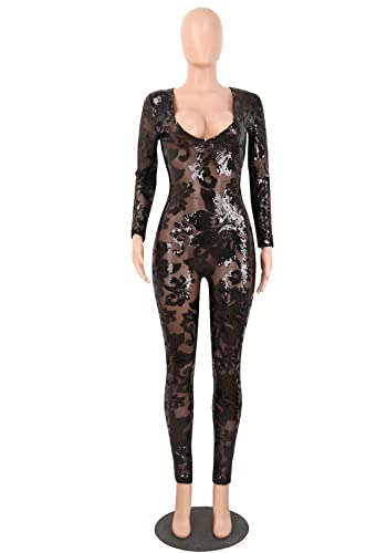 Women Sexy Sequins Jumpsuits Deep V Neck Long Sleeve Lace See Through Bodycon Club One Piece Outfit Rompers #TOP3