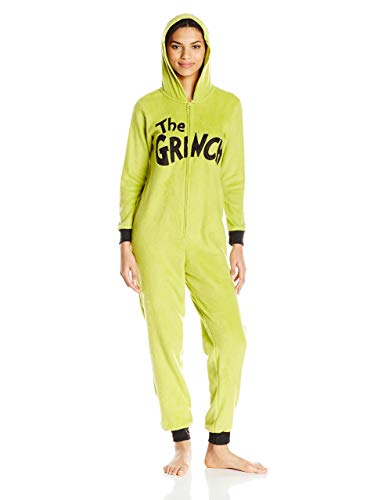 Dr.Seuss Women's Grinch Hoodie Union Suit, Green, Medium