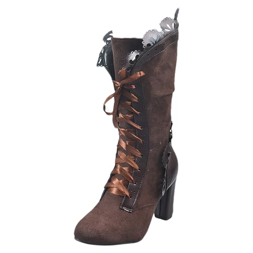 rismart Mujeres Victoriano Media Pierna con Cordones Punta Redonda Vendimia Gótico Botas Marrón, 41.5 EU