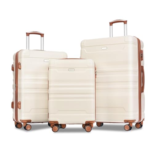 XMORILVEX Suitcase Set New Expandable ABS Hard Shell 3 Piece Clearance Suitcase Hard Shell Lightweight and Durable Suitcase Set Swivel Wheel Suitcase with TSA Lock 20'''24'''28'' (Beige & Brown)