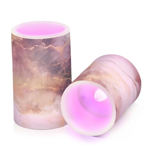 Image of Flickering Flameless Candles, Brown White Marble LED Candles with Remote Timer, Set of 2 Battery Operated Candle for Valentine Wedding Birthday