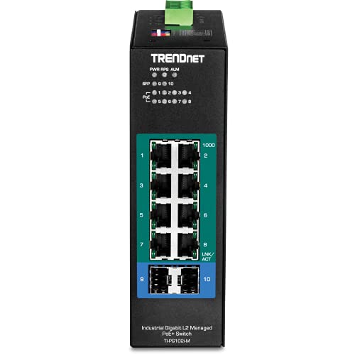 Image of TRENDnet 10-Port Industrial Gigabit L2 Managed PoE+ DIN-Rail Switch,8X Gigabit PoE+ Ports,2X SFP Slots,24 - 57V DC Power Input,IP30, VLAN, QoS,LACP,STP /RSTP, Bandwidth Management, Black, TI-PG102i-M
