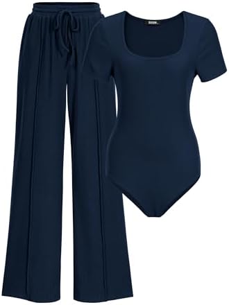 BTFBM Womens Spring 2 Piece Outfits 2026 Square Neck Short Sleeve Bodysuit Drawstring Pants Knit Lounge Matching Sets