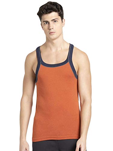 Image of Jockey US54 Men's Super Combed Cotton Rib Square Neckline Gym Vest with Back Panel Graphic Print (Shoulder Starp Color May Vary)