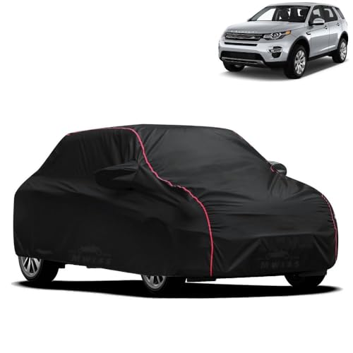 Image of MWISS Waterproof Car Cover for Land Rover Discovery | All-Weather Protection, Dustproof & UV Resistant | Triple Stitched Mirror Pockets, Windproof Buckle Strap with Elastic Hem, Black-Red Piping
