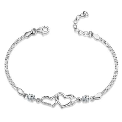 Image of TRUESILVER ACPL 925 Sterling Silver Bracelet for Women & Girls | BIS Hallmarked Cubic Zirconia Mother of Pearl Heart & Circle Bracelets Gift for Wedding Anniversary Birthday