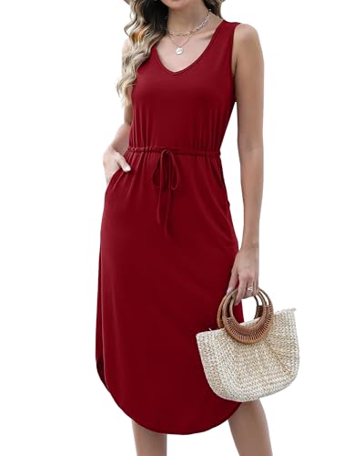 Image of Hount Womens V Neck Sleeveless Casual T Shirt Dress Summer Midi Dress with Pockets