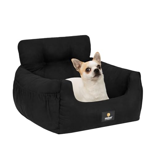Veehoo Dog Car Seats for Small Dogs, Soft Cotton Dog Booster Seat Bed, Washable & Portable Pet Carseat Travel Bed with Safety Leash, Storage Pocket and Anti-Slip Bottom for Dog, Puppy, Cat, Black