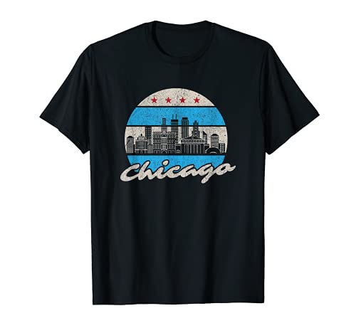 Chicago Skyline Flag Shirt Illinois Vintage USA Souvenir Men T-Shirt