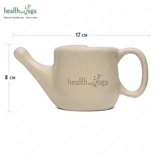 Image of HealthAndYoga FloJar Ceramic Jal Neti Pot (250 ml, Beige) + HealthAndYoga Jala Neti Salt Sachets (Pack of 10)- Saline Nasal Wash Yoga Detox -for Common Cold, Dust & Pollution-Spill-Proof Design