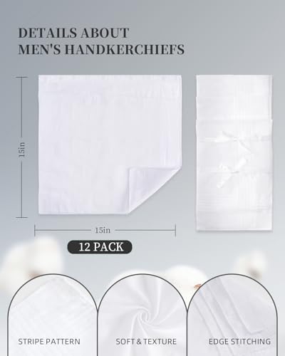 Image of Men's Handkerchiefs 12 PCS, 100% Soft Cotton Handkerchiefs for Men, White Pocket Squares for Men, Classic Hankies