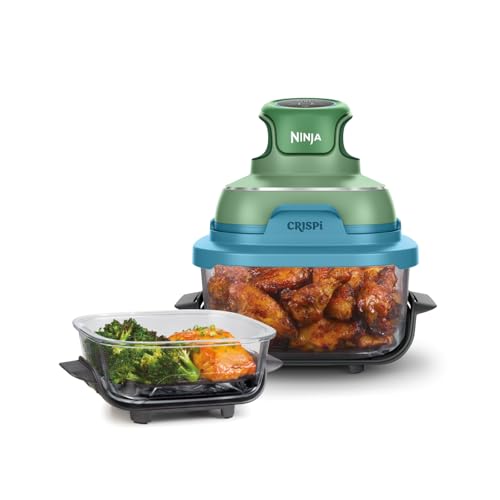 Ninja CRISPi Tragbare Heißluftfritteuse, 3,8 l & 1,4 l, 4-in-1: Heißluftfrittieren, Braten, Aufknuspern, kompaktes Design, 2 abnehmbare Glasbehälter & Deckel, 1700 W, Pastellgrün FN101EUGNBL 1