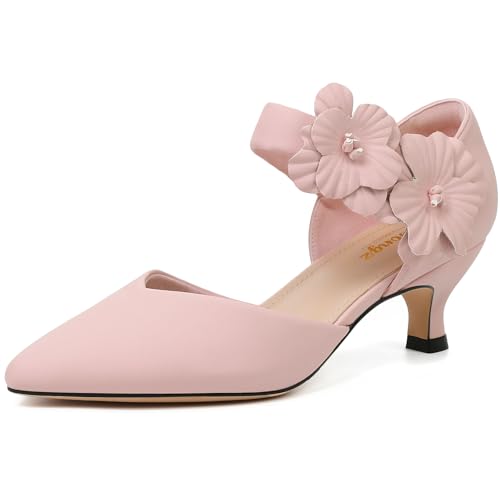 RIBONGZ Women's Pink Low Kitten Heel Pumps Comfortable Pointed Toe Dress Shoes Flower Strap Slip On Dressy Heels for Wedding Dancing Party Office Work Size 7
