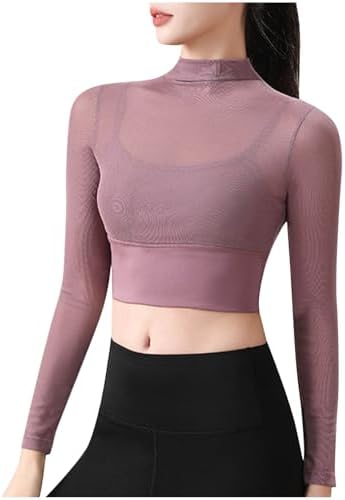 Womens Long Sleeve Crop Tops with Built in Bra Mesh Athletic Shee...