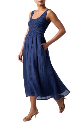Lulus Aiden Smocked Midi Dress Womens Casual Summer and Fall Midi Dress with Pockets Flowy A Line Silhouette Navy