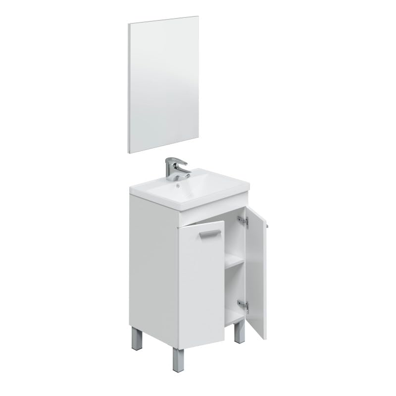 HOGAR24 ES Mueble de Lavabo con 2 Puertas y Espejo, Color Blanco, Medidas: 50 x 80 x 40 cm
