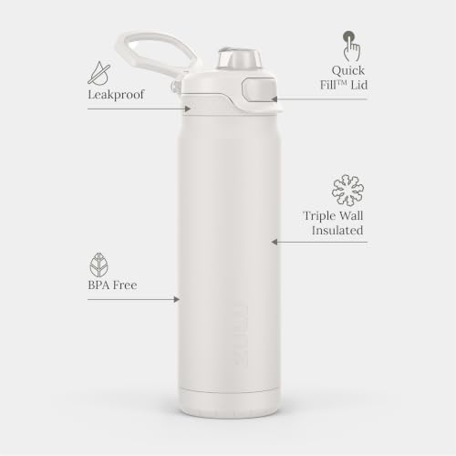 Image of ZULU Powerfill Pro 24oz Stainless Steel Water Bottle with Quick Fill Lid, Triple Walled Vacuum Insulated Metal, Leak Proof Locking Lid, Sip and Chug, Reusable BPA Free, White