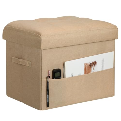 BelugaHelper Ottoman with Storage, Small Storage Ottoman Foot Rest with Thicker Foam Padded Seat. Foldable Linen Cloth Foot Stool for Living Room Bedroom, Holds Up to 300 lbs, 17x13x13IN(Beige)