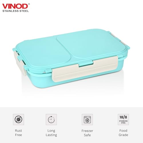 Image of Vinod GO-Tiffin Stainless Steel 2 Compartment Insulated Lunch Box | Blue | Leaf-Proof, Vacuum Sealed & Air Tight | Tiffin Box for Office, Kids & Adults | Freezer Safe | with Safety Lock