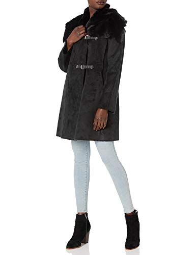 Calvin Klein Women's Shearling Jacket with Faux Fur Collar and Buckle Closure, Black, X-Large