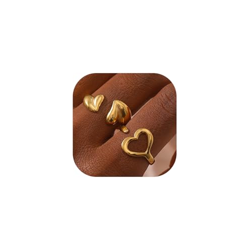 Gold Stackable Rings for Women Non Tarnish,14K Gold Plated 2Pcs Cute Heart Finger Rings Chunky Love Heart Promise Ring Pack Statement Wedding Prom Jewelry