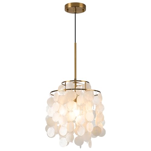 FISGONI Capiz Shell Pendant Light 2 Tiers Round White Chandelier Coastal Ceiling Hanging Fixture for Living Roo,Dining Table, Bedroom, Kitchen, Foyer,W-11'' - Image 9