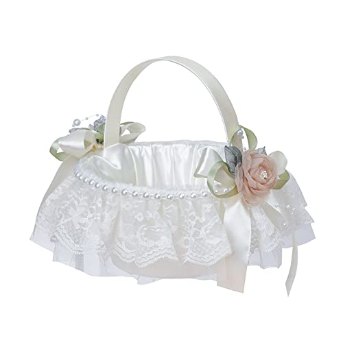 Surakey Flower Girl Baskets for Wedding, White Flower Basket, Large Bridesmaid Bride Lace Edge Fabric Flower Baskets Imitation Pearl Decoration for Wedding Party, Type 3