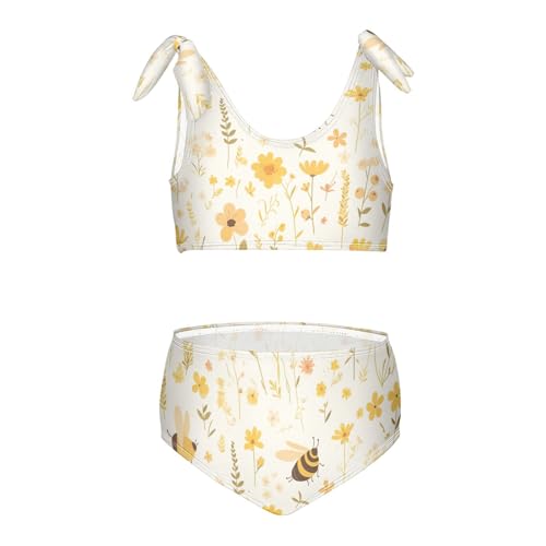 Vintage Embroidery Honey Bee with Wild Flowers Girls' Two Piece Kids Bikini Set Beach Swimsuit Swimming Suits Adjustable