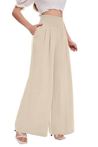 FUNYYZO Women Pull On Pants Elastic Waisted Casual Wide Leg Long Lounge Trousers with Pocket Beach Wear4