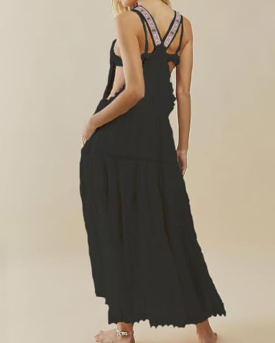 Image of ebossy Women's Laced Embroidered Tulle Bib Dress Casual Loose Adjustable Straps Maxi Dress