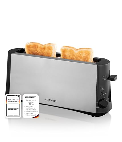 Cloer 3810 Langschlitztoaster, 880 W für 2 Toastscheiben mit 'Graubrot-Funktion' zum Toasten von verschiedenen Brotsorten, Brötchenaufsatz, Edelstahlgehäuse