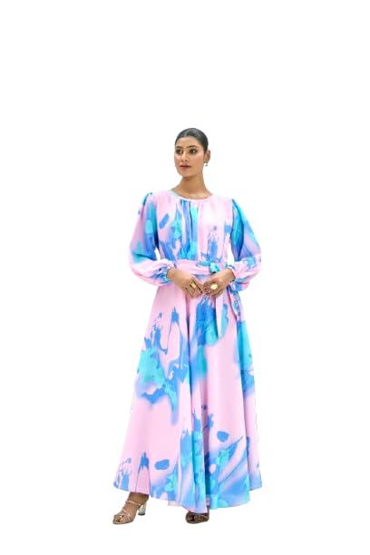 Multi-Color Nida Fabric no Transparency Gathering Pattern Gown Abstract Print Bishop Sleeves with Elastic Cuffs Balloon Sleeve Pattern Gown-image-41