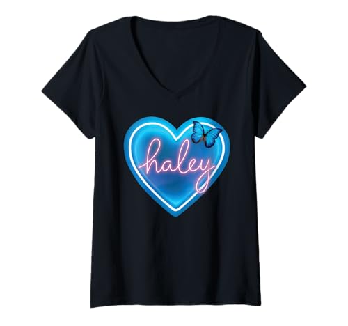 Mujer Haley Pink Nombre Corazón Amor Mujer Niña Amigo Personalizado Camiseta Cuello V