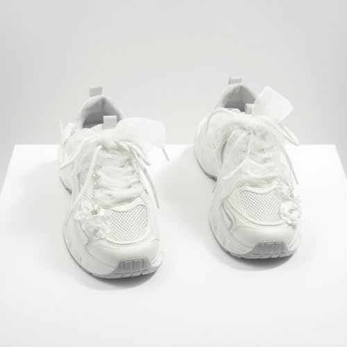 Women's Cute White Sneakers, Pearl Accent Dad Shoes Breathable Mesh Upper Bow Detail Butterfly Laces Platform Fashion Athletic4