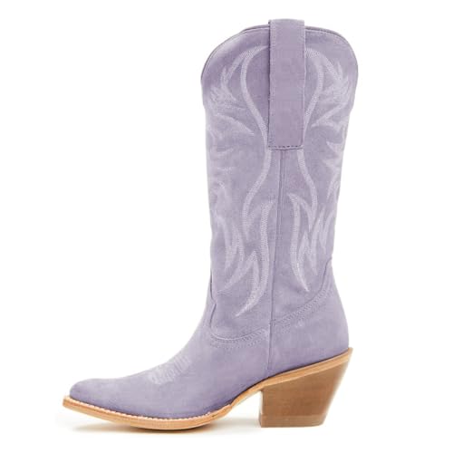 YDN Women Cowboy Boots Comfortable Pull On Western Booties Pointed Toe Chunky Block Heel Cowgirl Mid Calf Boots Girls Ladies Retro Shoe Size 4-16 US2