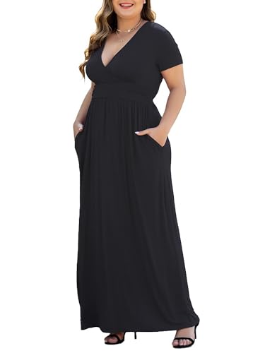 COSSEN Women's XL-5XL Plus Size Maxi Dresses Short Sleeve V-Neck Dress with Pockets3