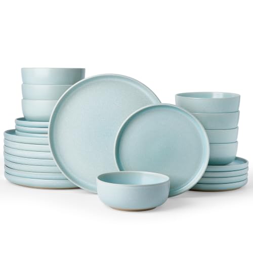 Image of Famiware Milkyway 24-Piece Stoneware Dinnerware Set, Light Blue | Plates and Bowls for 8, Reactive Glaze Dish Set, Microwave & Dishwasher Safe, Chip & Scratch Resistant