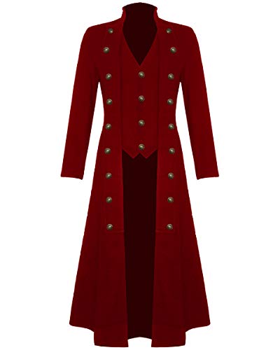 Makkrom Mens Steampunk Vintage Tailcoat Jacket Gothic Victorian Ankle Long Frock Coat Uniform Halloween Costume Red