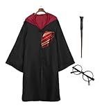 [COSSA]魔法ローブ 大人用 ハロウイーン コスプレ 衣装 セットコスチューム 男女共用 cosplay 誕生日 プレゼントコスチューム ハロウイーン パーティー 変装 仮装 男女共用 文化祭 漫遊展 (ローブ+眼鏡 + ネクタイ + 杖) 4点フルセット (ワインレッド, M)