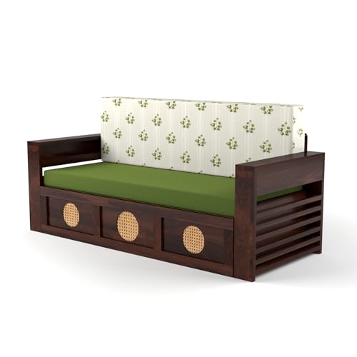 Image of Solid Sheesham Wood Sofa Bed | Contemporary Slatted Arm Design with Cane Panel | Wooden Pull-Out Sofa | Rosewood Sofa Bed with Cushions for Living Room & Bedroom (Walnut Finish)