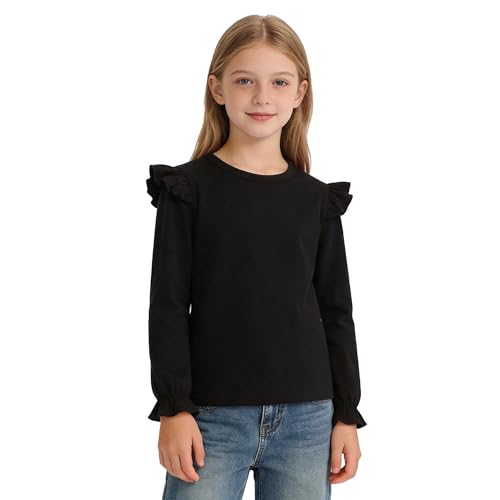 Image of LYSMuch 7-14Y Girls Ruffle Long Sleeve Shirt Kids Crewneck Basic Blouse Casual Tee