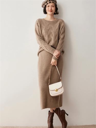 Women's 100% Cashmere Skirts Office Lady Fall Winter Basic Fit Knitted High Waist Straight Skirt Beige M3