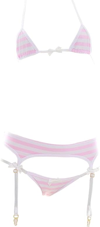 SINMIUANIME Women Japanese Style Anime Lingerie Sexy Blue/Pink Striped Micro Bikini Cosplay Bra and Panty Set
