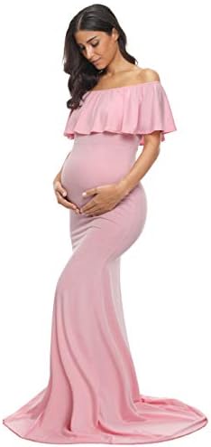Glampunch Womens Off Shoulder Maternity Dress Ruffles Elegant Slim Gowns Fit Maxi Photography Dress A-Pink