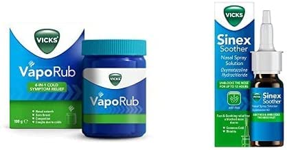 Bundle for Day and Night Relief: VapoRub 100 gr for Relief of Cough Cold & Flu Like Symptoms, Sinex Soother 15 ml, Decongestant Nasal Spray for Blocked Nose Due to Cold Or Rhinitis