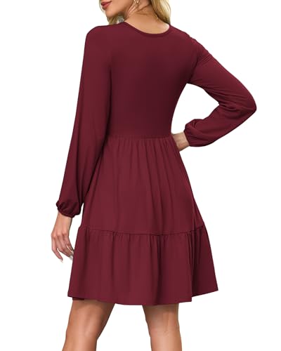 AUSELILY Womens Long Sleeve Dress 2025 Fall Casual V Neck Tiered Swing Flowy A-line Mini Short Dresses with Pockets3