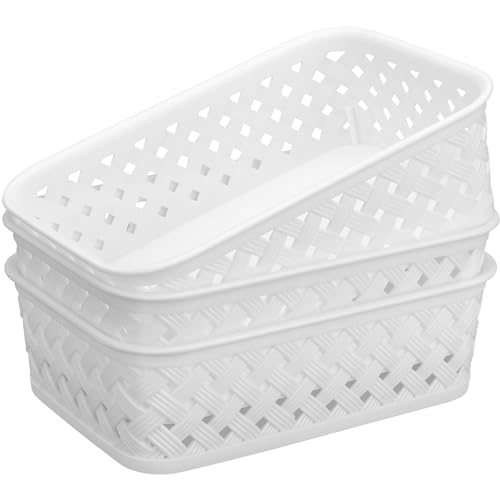 Image of MaxGear Organization and Storage 3 Packs, Plastic Bins Organizer Bins, Woven Baskets for Storage, Plastic Baskets with Handles, White Basket for Organizing, Basket Organizer for Home and Office, Small
