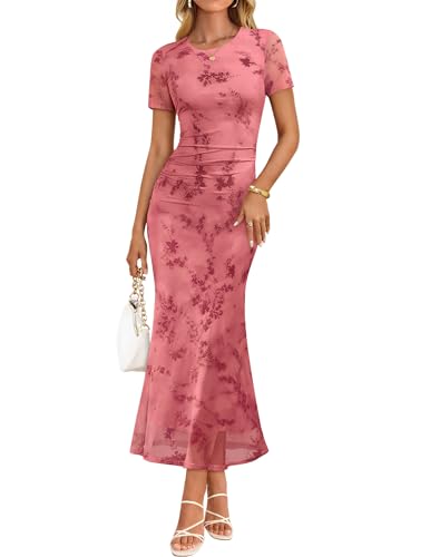 ZESICA Women's Summer Short Sleeve Floral Bodycon Dress 2026 Ruched Mesh Wedding Guest Cocktail Party Maxi Dresses Pink Medium